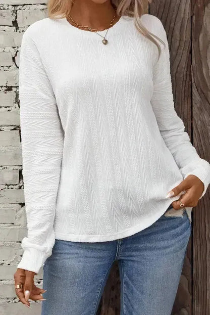 White Round Neck Drop Shoulder Textured Knit Top-2
