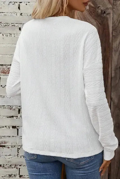 White Round Neck Drop Shoulder Textured Knit Top-1