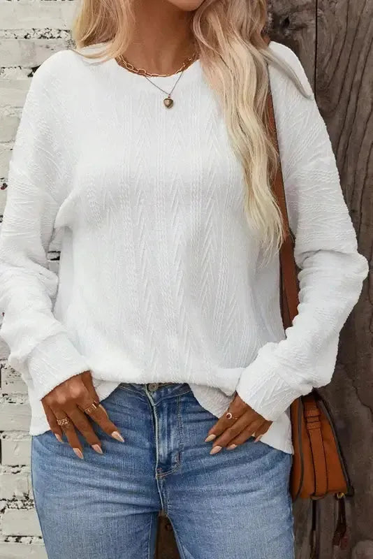 White Round Neck Drop Shoulder Textured Knit Top-3
