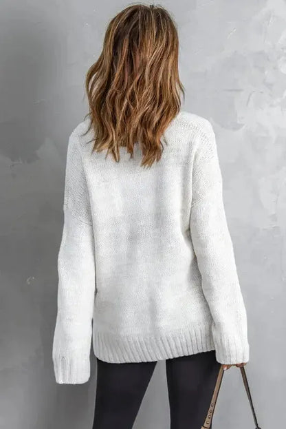 White V-neck Drop Shoulder Knit Sweater-1