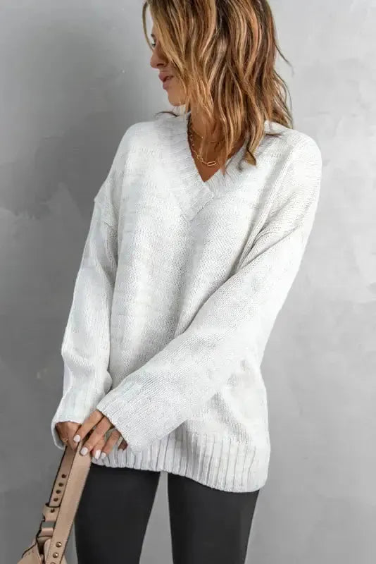 White V-neck Drop Shoulder Knit Sweater-3