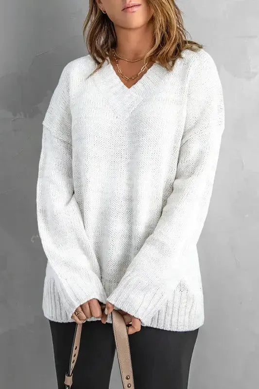 White V-neck Drop Shoulder Knit Sweater-0