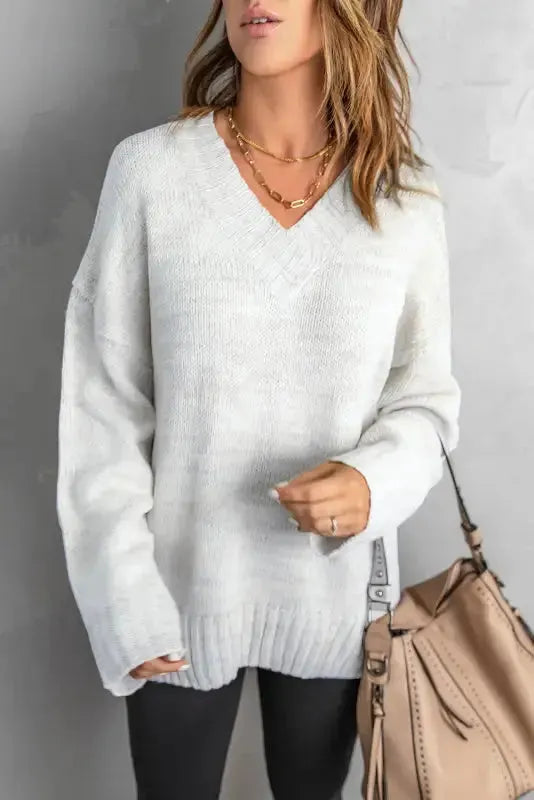 White V-neck Drop Shoulder Knit Sweater-2