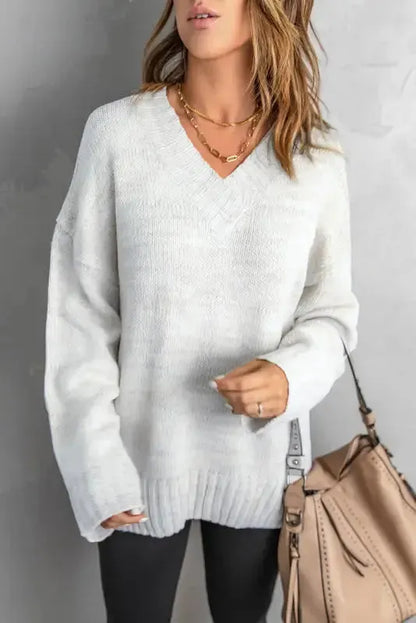 White V-neck Drop Shoulder Knit Sweater-2