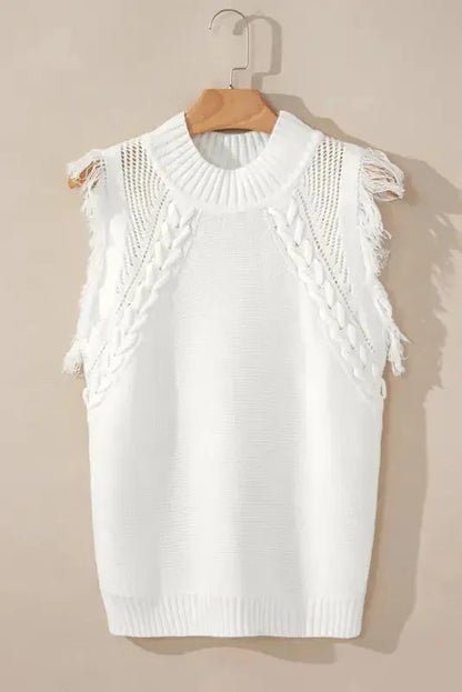 White Woven Tasseled Sleeveless Mock Neck Sweater Vest-0
