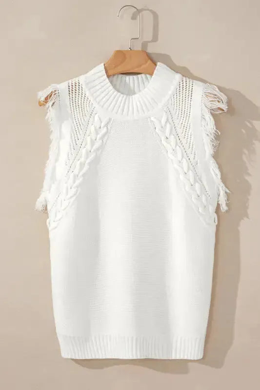 White Woven Tasseled Sleeveless Mock Neck Sweater Vest-0