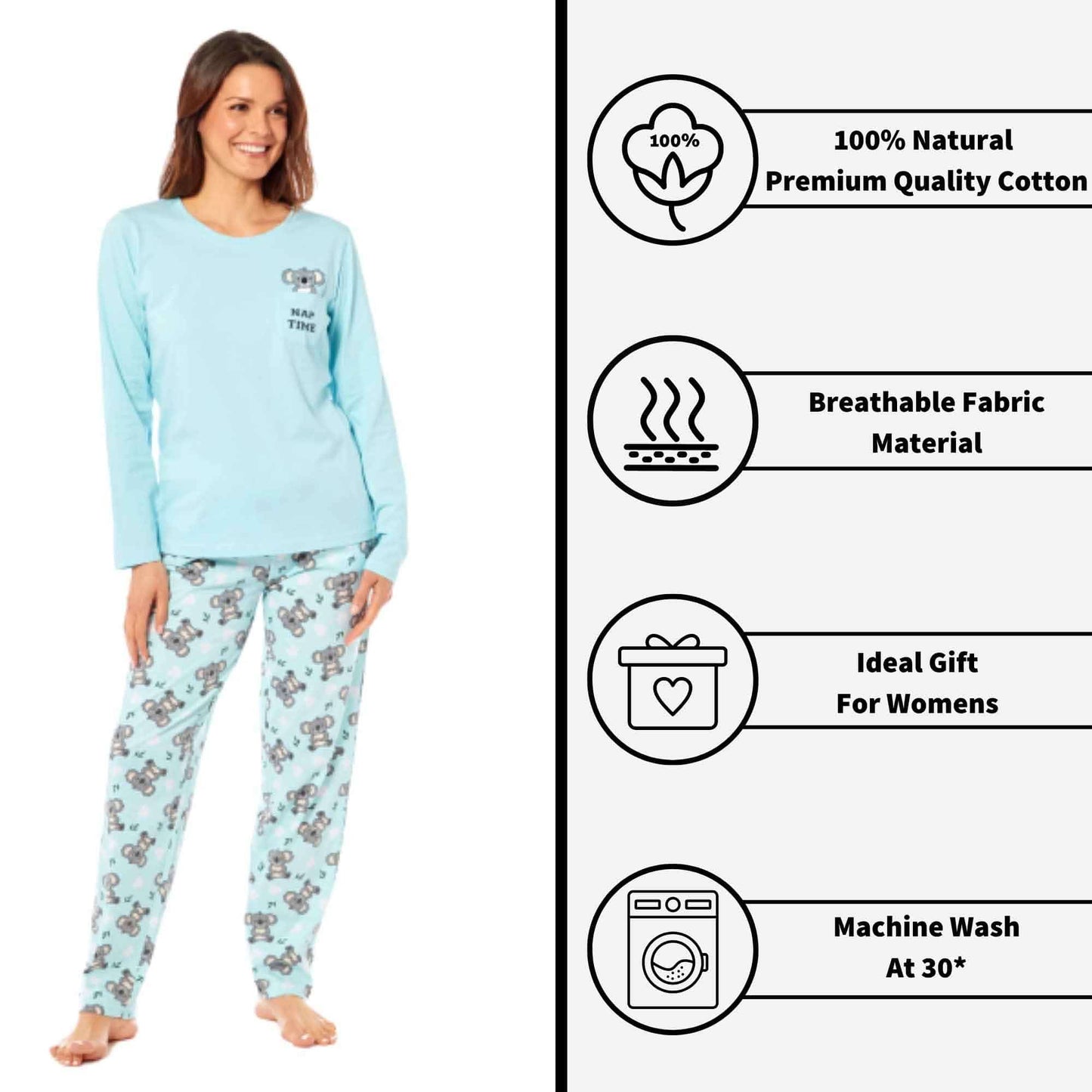 Women's 100% Cotton Koala Bear Print Pyjama Set Comfortable Long Sleeve Top and Elasticated Pants for Sleeping and Lounging Available in Small Medium Large X-Large by Daisy Dreamer