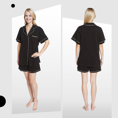 Women's Black Short Pyjama Set Super Soft Sleepwear Nightwear Button Up Top and Shorts with Pockets PJs by Daisy Dreamer