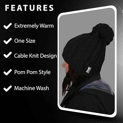 Women's Chunky Cable Knit Beanie Hat with 3M Thinsulate Insulation and Pom Pom Waterproof Winter Hat in Black Purple Cream and Navy by Sock Stack