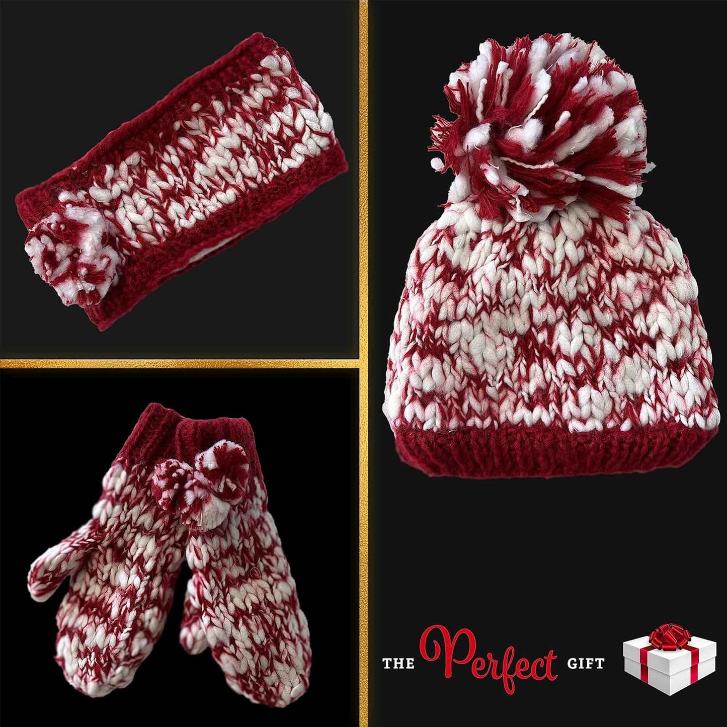 Women's Hand Knitted Daisy Pattern Winter Hat Headband Mittens Set with Pom Pom in Red Green Pink for Outdoor Activities and Holiday Gifts by Sock Stack