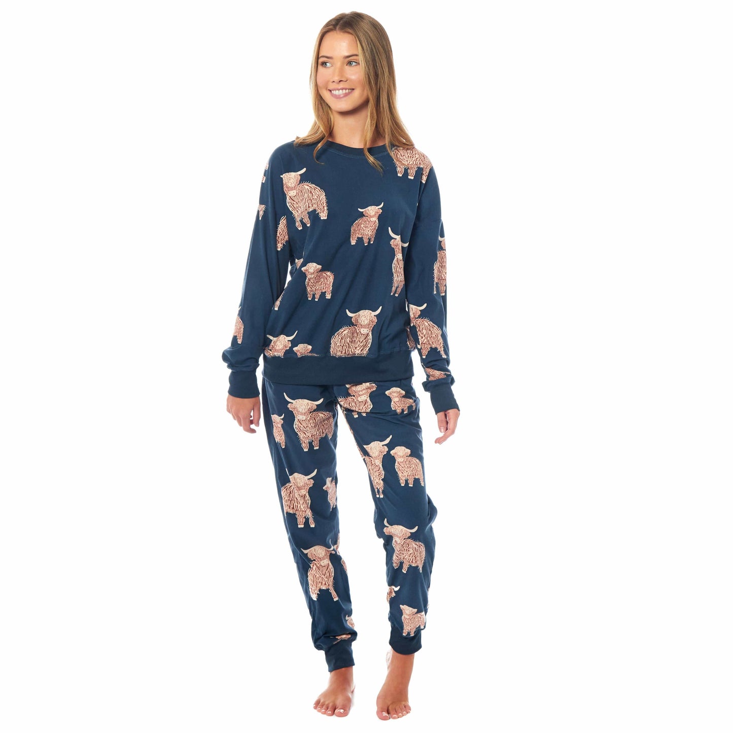 Women's Highland Cow Soft Fleece Pyjama Set Long Sleeve Animal Print Warm PJs Loungewear Sleepwear for Ladies by Daisy Dreamer