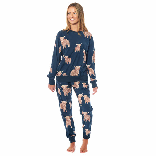 Women's Highland Cow Soft Fleece Pyjama Set Long Sleeve Animal Print Warm PJs Loungewear Sleepwear for Ladies by Daisy Dreamer