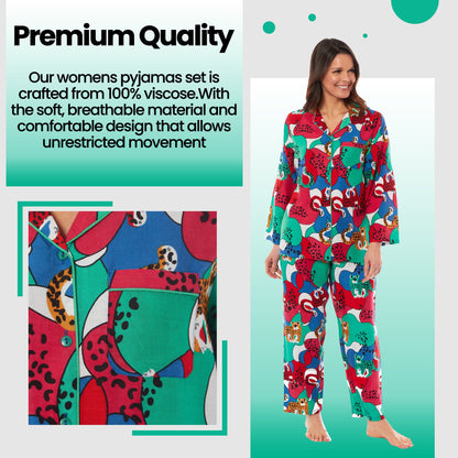 Women's Jaguar Jungle Leopard Print Button Up Pyjama Set Soft Breathable Viscose Loungewear Sleepwear Available in S M L XL by Daisy Dreamer