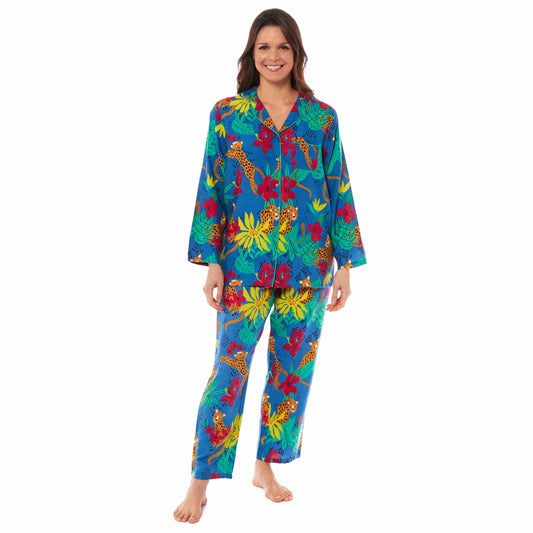 Women's Jaguar Jungle Leopard Print Long Pyjama Set Button Up Soft Breathable Viscose Loungewear Sleepwear Relaxing PJ Set by Daisy Dreamer