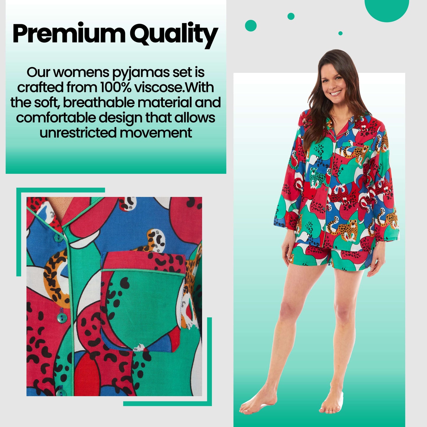 Women's Jaguar Jungle Leopard Print Short Pyjama Set Button Up Shorts Loungewear Sleepwear Soft Breathable Comfortable Stylish PJs Sizes S M L XL by Daisy Dreamer