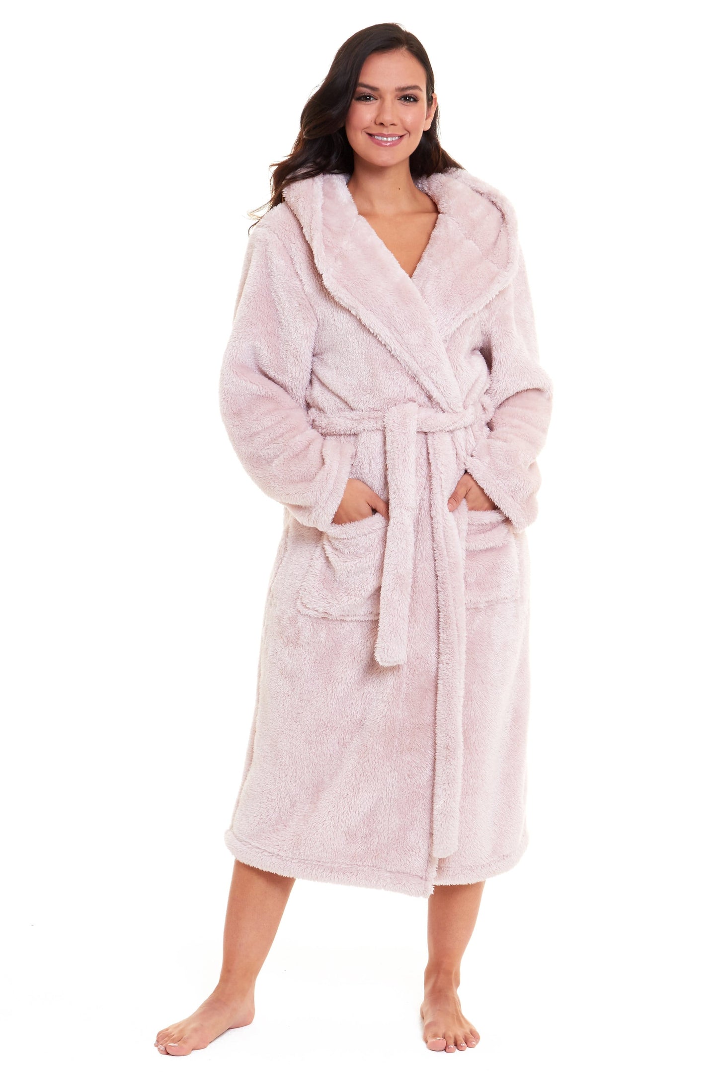 Women's Pink Velvet Touch Fleece Hooded Dressing Gown Ultra-Soft Fluffy Bathrobe Perfect Loungewear for Comfort and Warmth Available in Multiple Sizes by Daisy Dreamer