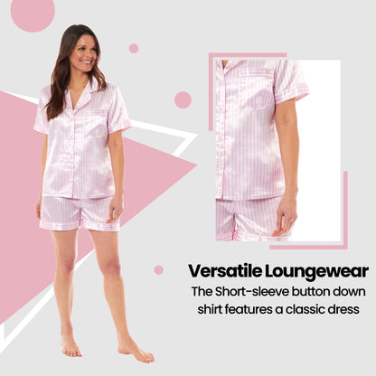 Women's Satin Silk Short Pyjama Set Soft Breathable Nightwear Loungewear PJs Black Pink Grey UK Sizes 8-22 by Daisy Dreamer