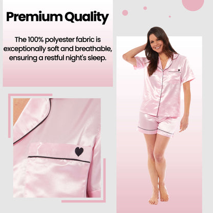 Women's Satin Silk Short Pyjama Set Soft Breathable Nightwear Loungewear PJs Black Pink Grey UK Sizes 8-22 by Daisy Dreamer
