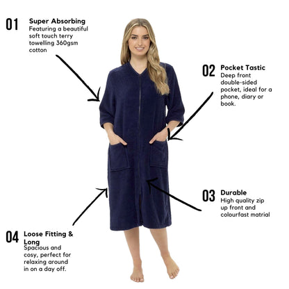 Women's Soft Fluffy Terry Towelling Zip Through Bathrobe 100 Percent Cotton Ultra Absorbent Post-Bath Lounge Wear UK Sizes 8-22 by Daisy Dreamer