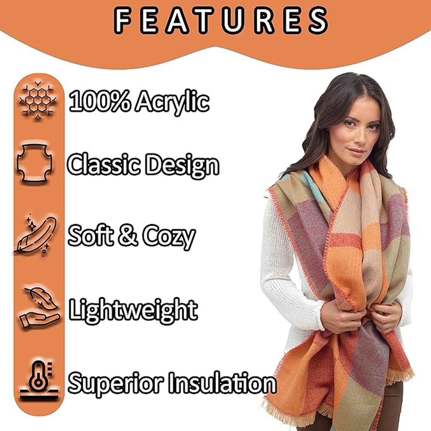 Women's Soft Woven Winter Scarves Lightweight Cozy Acrylic Wraps in Vibrant Orange Yellow Multi and Purple Red Multi by Sock Stack