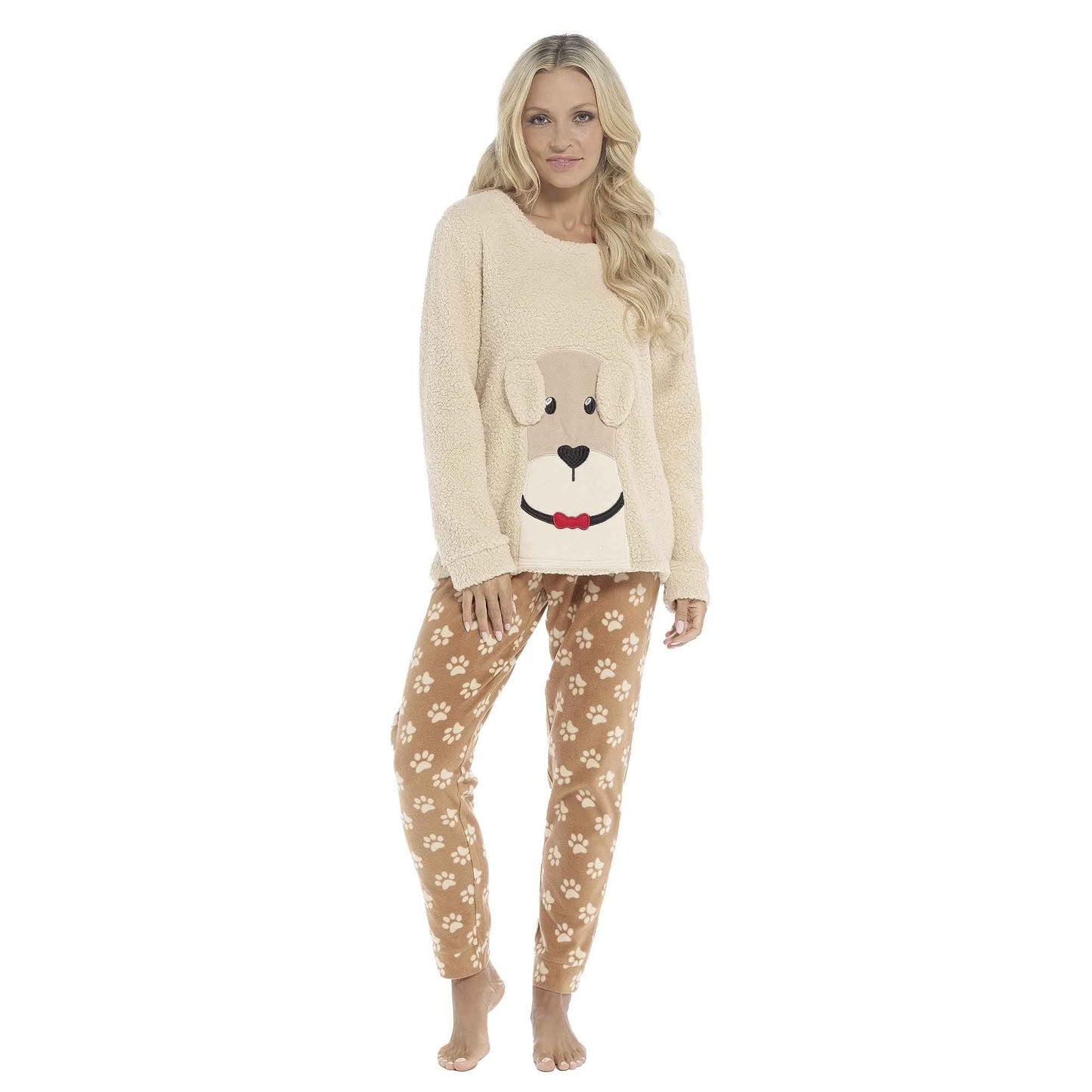 Women's Ultra-Soft Fleece Dog Snuggle Pyjama Set with Elasticated Patterned Pants Cozy Long Sleeve Top Winter Loungewear Sleepwear UK Sizes 8-22 by Daisy Dreamer
