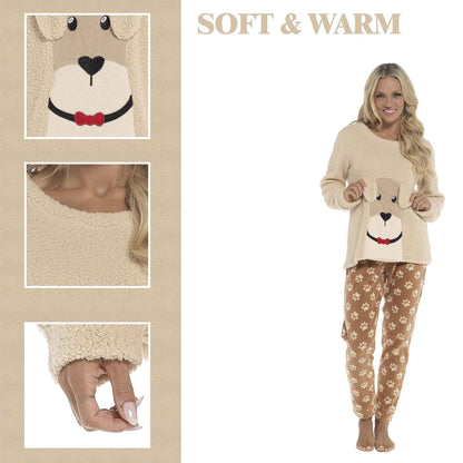 Women's Ultra-Soft Fleece Dog Snuggle Pyjama Set with Elasticated Patterned Pants Cozy Long Sleeve Top Winter Loungewear Sleepwear UK Sizes 8-22 by Daisy Dreamer