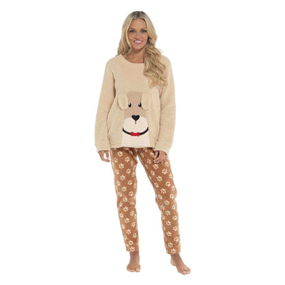 Women's Ultra-Soft Fleece Dog Snuggle Pyjama Set with Elasticated Patterned Pants Cozy Long Sleeve Top Winter Loungewear Sleepwear UK Sizes 8-22 by Daisy Dreamer