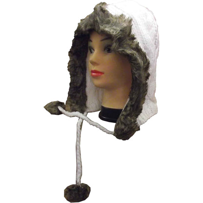 Women's Winter Chunky Knit Hood Hat with Faux Fur Trim and Pom Poms Warm Acrylic One Size Fits All in Cream Beige and Black by Sock Stack